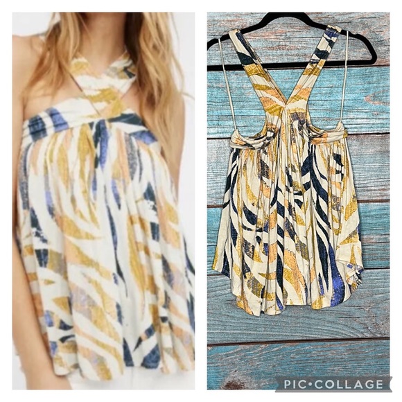 Free People Cross Halter Top Size Small Yellow Blue - Picture 1 of 6